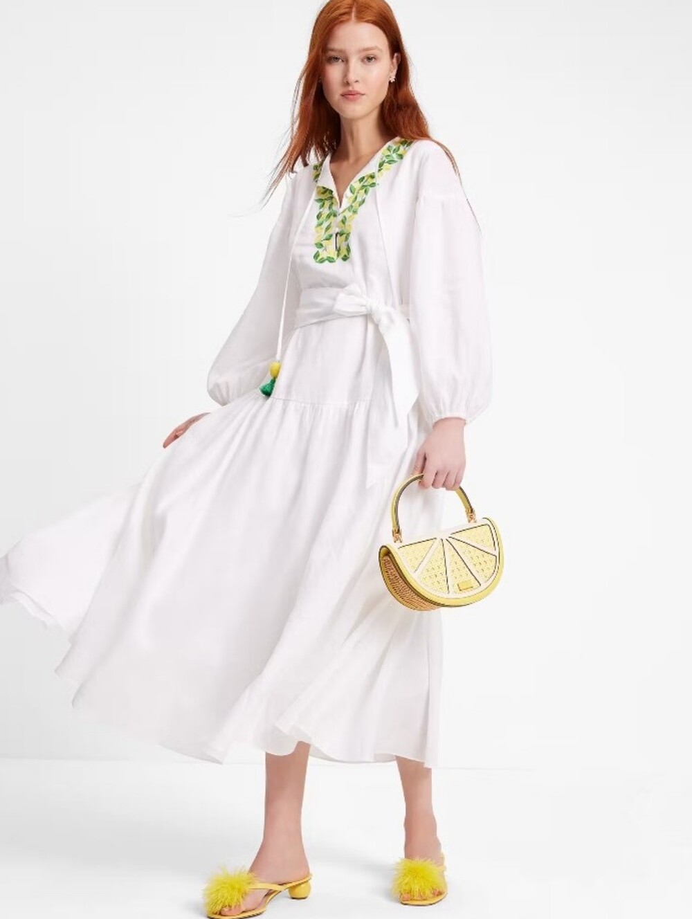 Kate Spade Embroidered Lemons Tie-waist Shirtdress Midi Shirt Dress  White Sz M